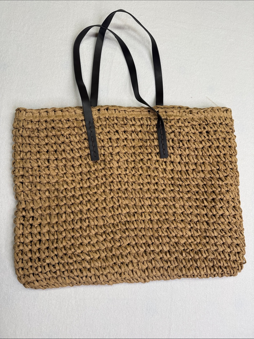 Woven Straw Tote Bag with Brown Handles - Tan